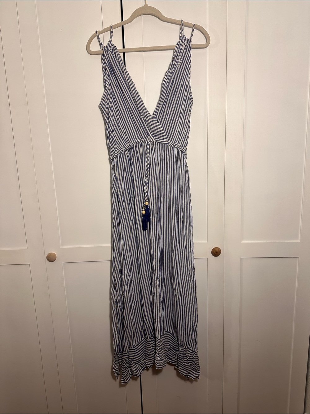 Blue Island Blue and White Striped Maxi Swim Cover up Dress with Tassel Tie